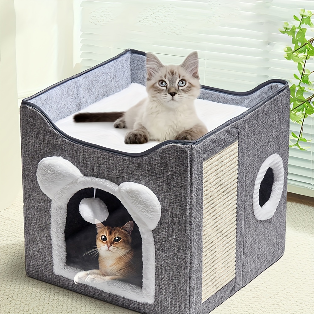 Luxury Double Layer Cat Bed Enclosed Nest with Sisal Scratching Board Non Slip Bottom Foldable Kitty Sofa for Indoor Cats and Small Dogs Grey