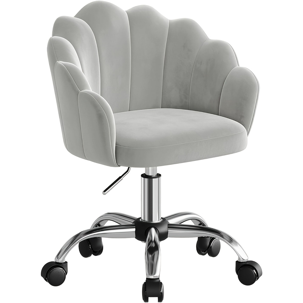 Image of 1pc Home Office Chair, Desk Chair, Makeup Chair, Velvet Chair With Petal Shape Backrest - Comfortable And Beautiful, Swivel Chair With Wheels, Adjustable Chair Height, Metal Base, Easy To Assemble