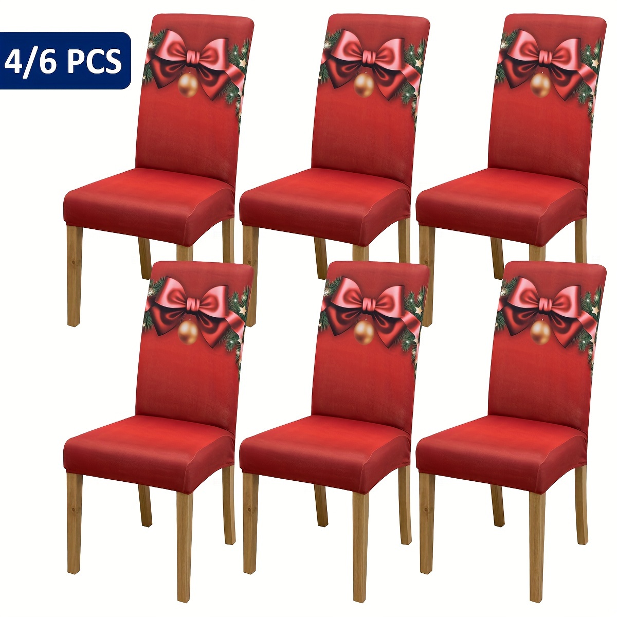 

4/6pcs Christmas Holiday Chair Cover Set, Red And Golden, Digital Printed, Stretch Fabric, Adjustable Strap, Polyester And Nylon Blend