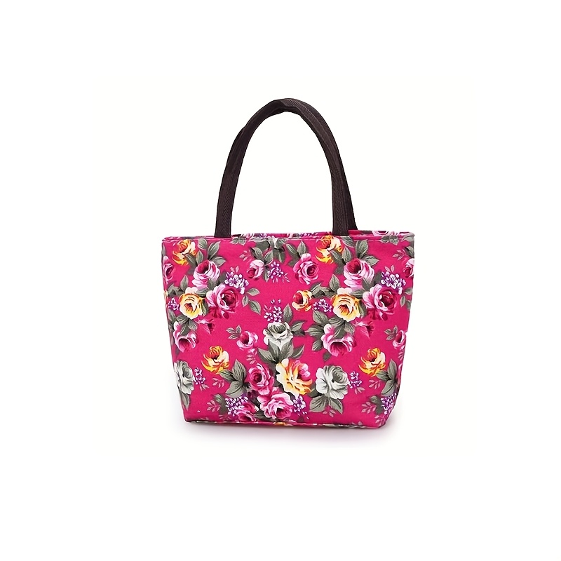 Floral Canvas Tote Bag for Women Vibrant Pink with Multicolor Flowers  Handles, Zip Closure, Casual Shoulder Handbag