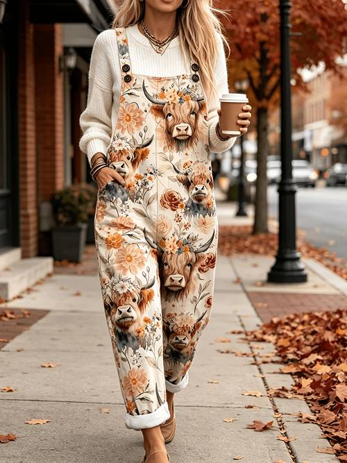 item picture farm cow print pocket loose fit adjustable suspender overalls d57
