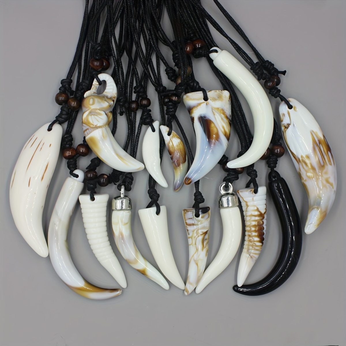 

12-piece Set Of Acrylic Faux Ivory & Wolf Tooth Pendants - Cool Beaded Necklaces For Men And Women, Perfect Gift Idea