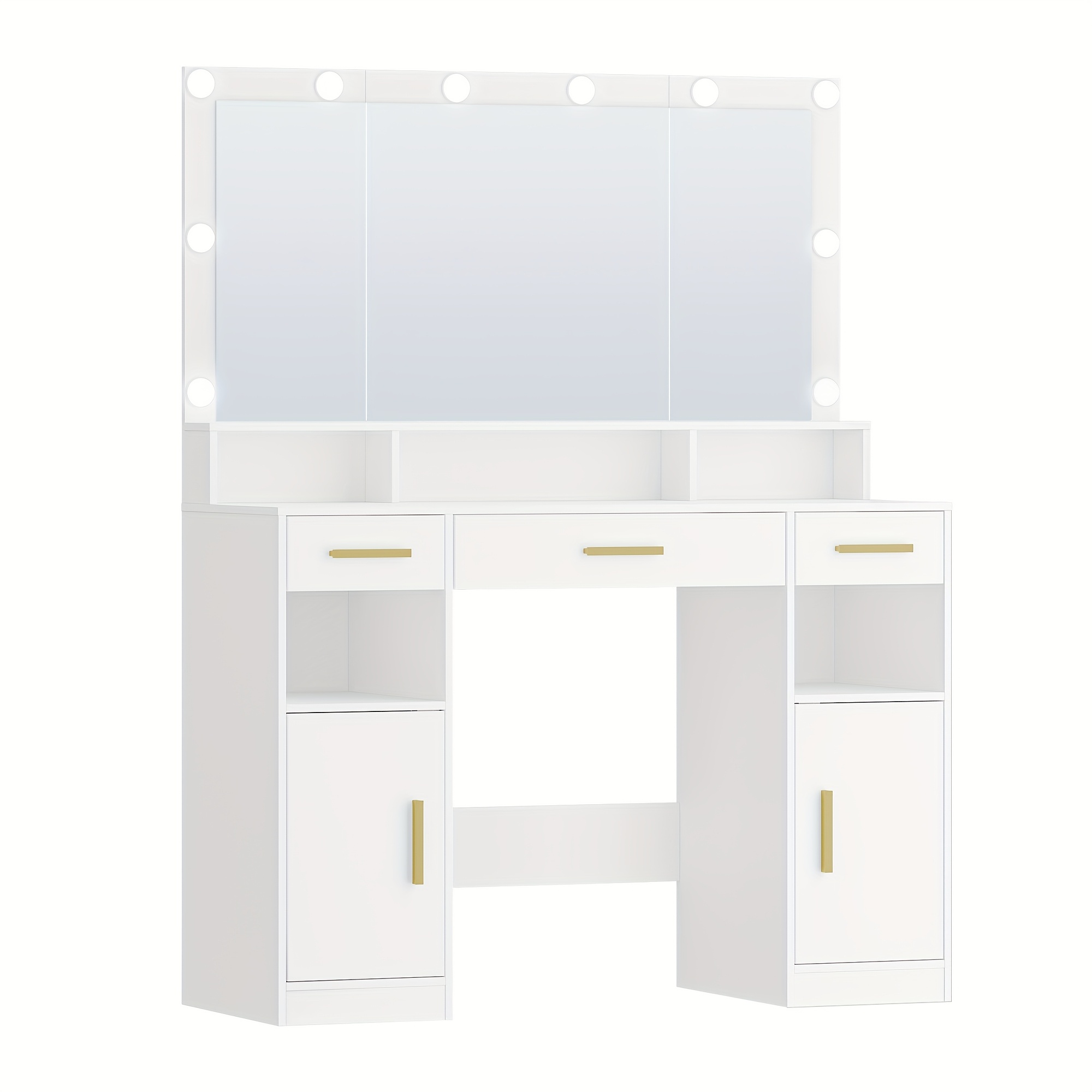 Dressing Table With Large Mirror, Large Dresser With Drawers, 3 Drawers, 2 Storage Cabinets, 5 Open Compartments, 40x108x140cm, White