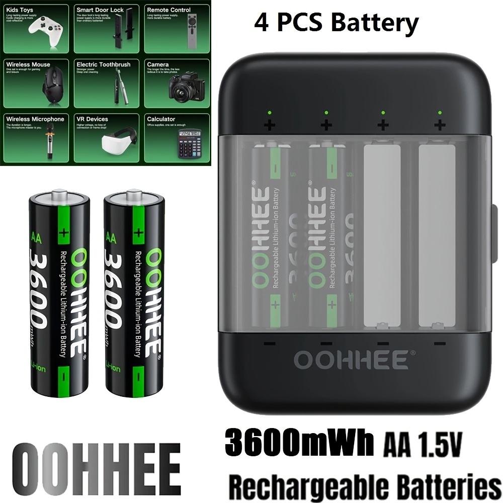 TEMU 4 Pack 3600mwh 1.5v Aa Rechargeable Lithium Battery With Fast Charger Box, And Quick Charging, Long-lasting Rechargeable Aa Lithium And -one