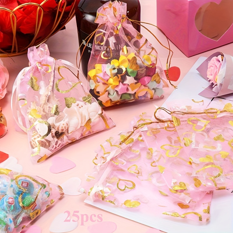 

25/50pcs Sheer Organza Gift Bags With Drawstrings, Print, Polyester Blend, Jewelry Display, Wedding Favors, Valentine's Day Packaging, And Storage - Pink & Royal Blue