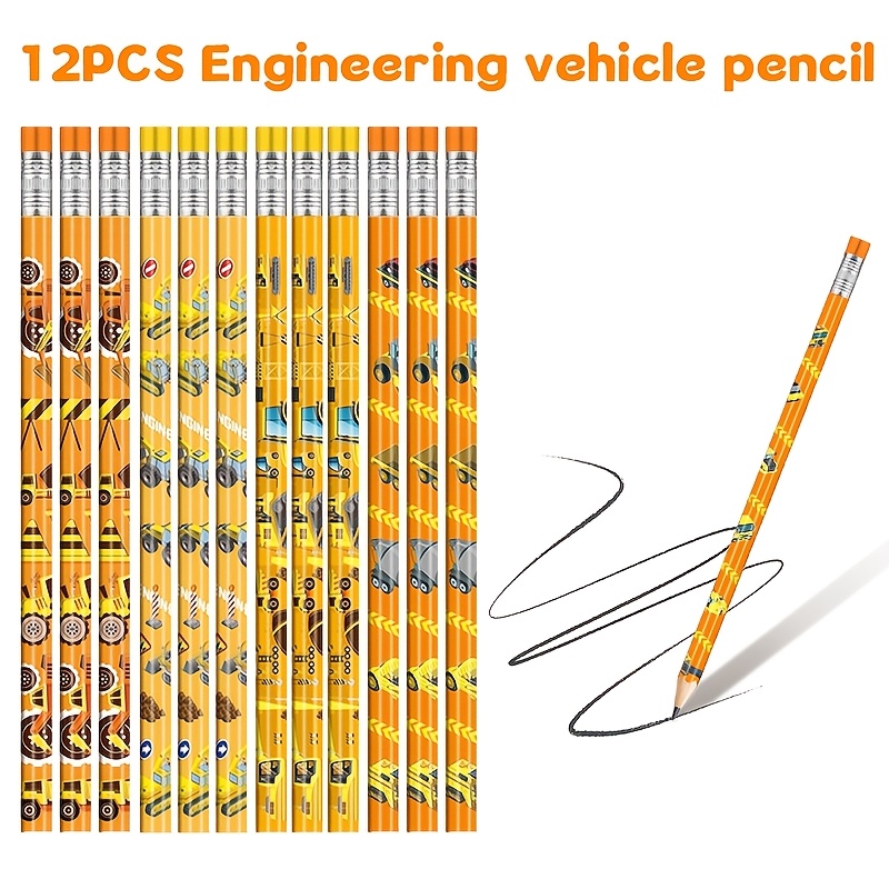 Image of 12pcs Construction Vehicle Party Pencils With Eraser Heads, Themed Birthday Supplies Suitable For Students And Teachers, Class Gifts, Wooden Pencils