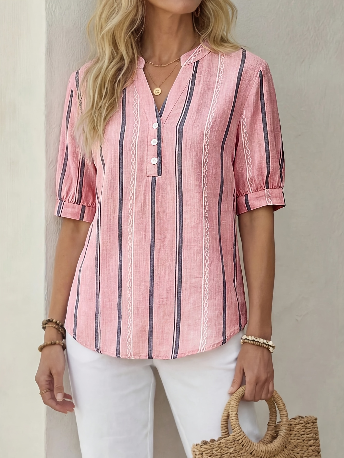2026 Summer New Arrival Casual Simple Loose V-Neck Three-Quarter Sleeve Women's Shirt