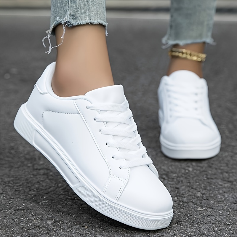 

Women's Casual White Sneakers - Lightweight, Lace-up Skate Shoes With Faux Leather Upper And Non-slip Eva Sole