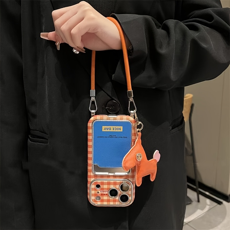 TEMU para Teléfono: 1pc de Teléfono con Portatarjetas Espejo de Caballo Naranja a con Cordón, Compatible con iPhone 17/17 Air/16/15/14/13/12/11 Pro