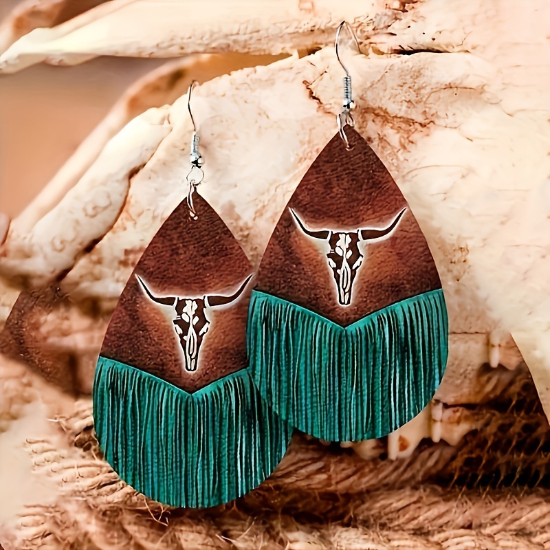 

1 Pair Vintage Head Print Teardrop Leather Earrings With Turquoise , Iron Post, Accessory For All