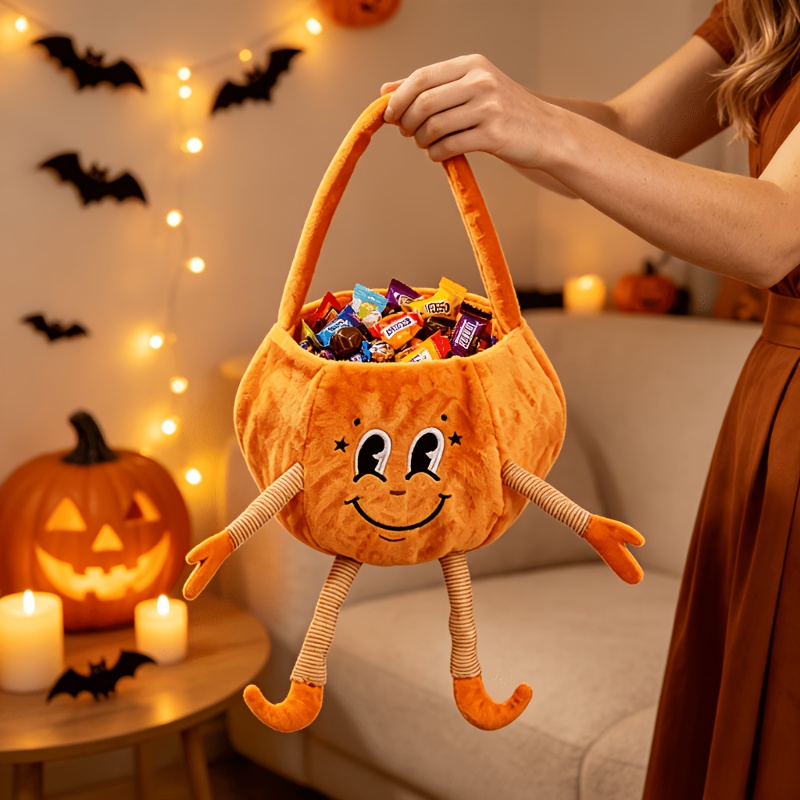 TEMU Sac à bonbons en peluche de dessin animé d'Halloween, seau de citrouille pour le fardeau, sac de rangement cadeau d'elfe , accessoire de