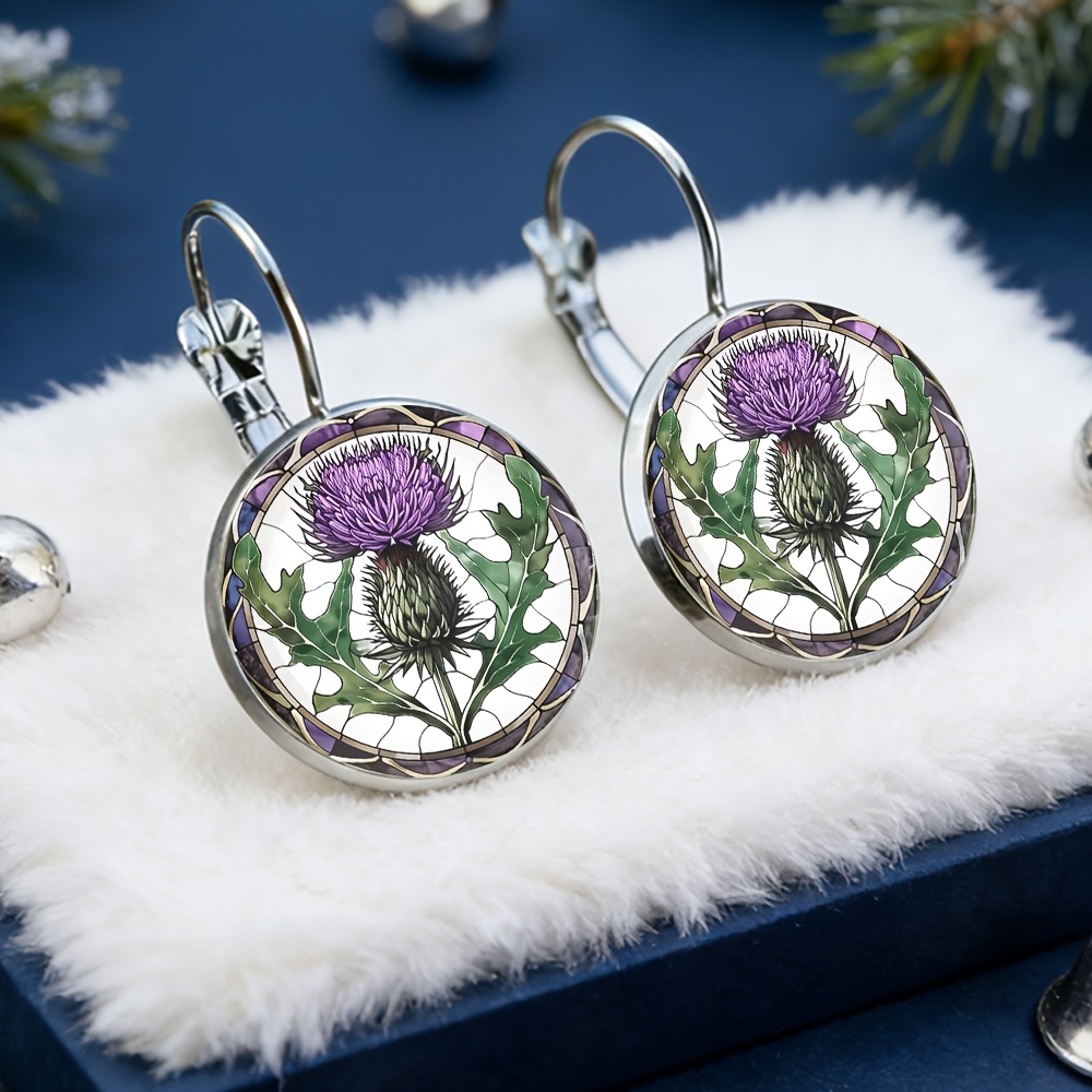 TEMU Purple Thistle Window Trim French Earrings, Alloy Material, Glass Inlaid, Women's Fashion Gifts, Exquisite Earrings Suitable For Daily Wear