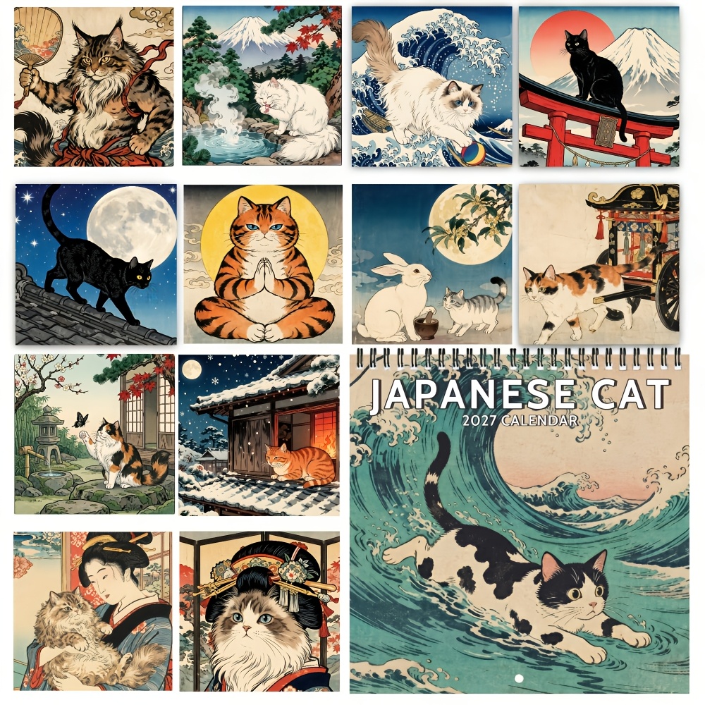 TEMU 2027 Japanese -e Cat Wall Calendar - Retro Kawaii Kitten & Great Wave Art Print Suitable For Office Decor, 12-month Dated Calendar Gift For New