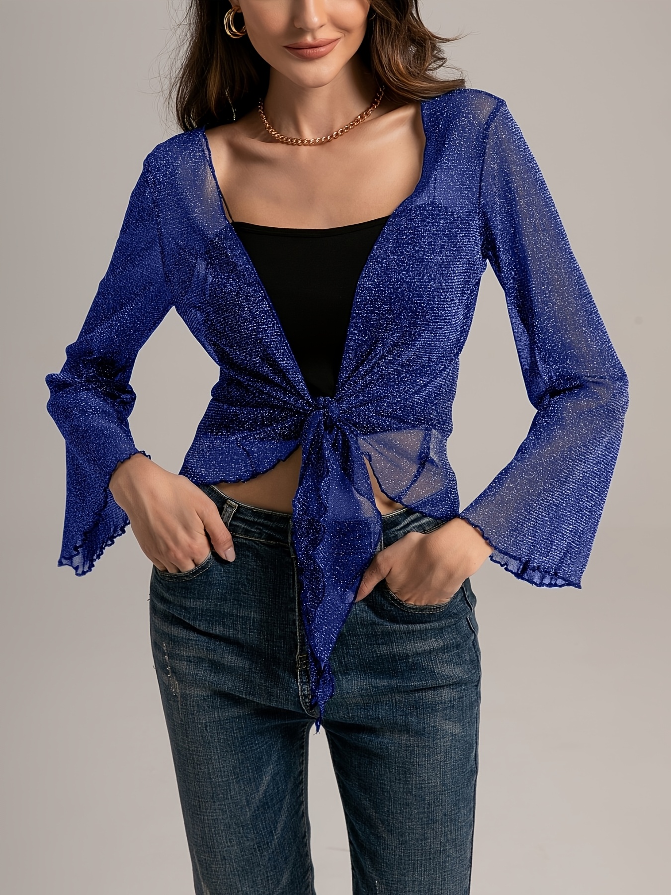 Directional 88052016 Women'S Hollow-Out Tie Front Cropped Jacket, Casual  Sheer