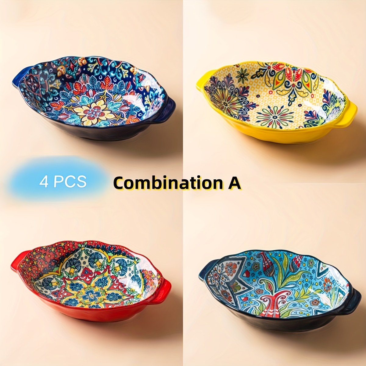 Image of 1 Set Of 4, 9.3-inch Ceramic Bohemian Salad Plate, Restaurant Hotel Salad Container, Creative Salad Bowl With Handle