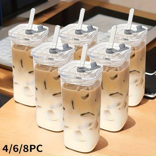 4 6 8pcs square glass cups with lids 13oz cups straws gift for cup collectors great for office and outdoor use weddings bpa free with cleaning brush tool