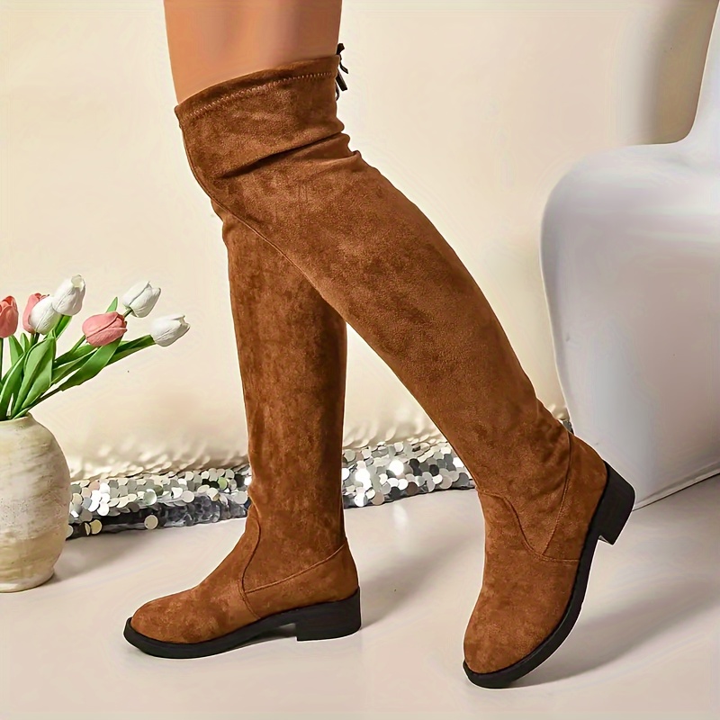 

Women's Over-the-knee Fashion Boots - Low Heel, Slip-on, Round Toe, Solid Color, Washable Fabric , Chunky Heel, Comfortable And