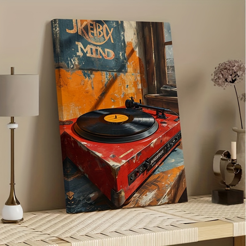 TEMU 2d Flat, 1pc "jakey Mind" Record Wall Art With Pine Wood Frame - Distressed Red & Orange Turntable Design, Gallery-wrapped Suitable For Living