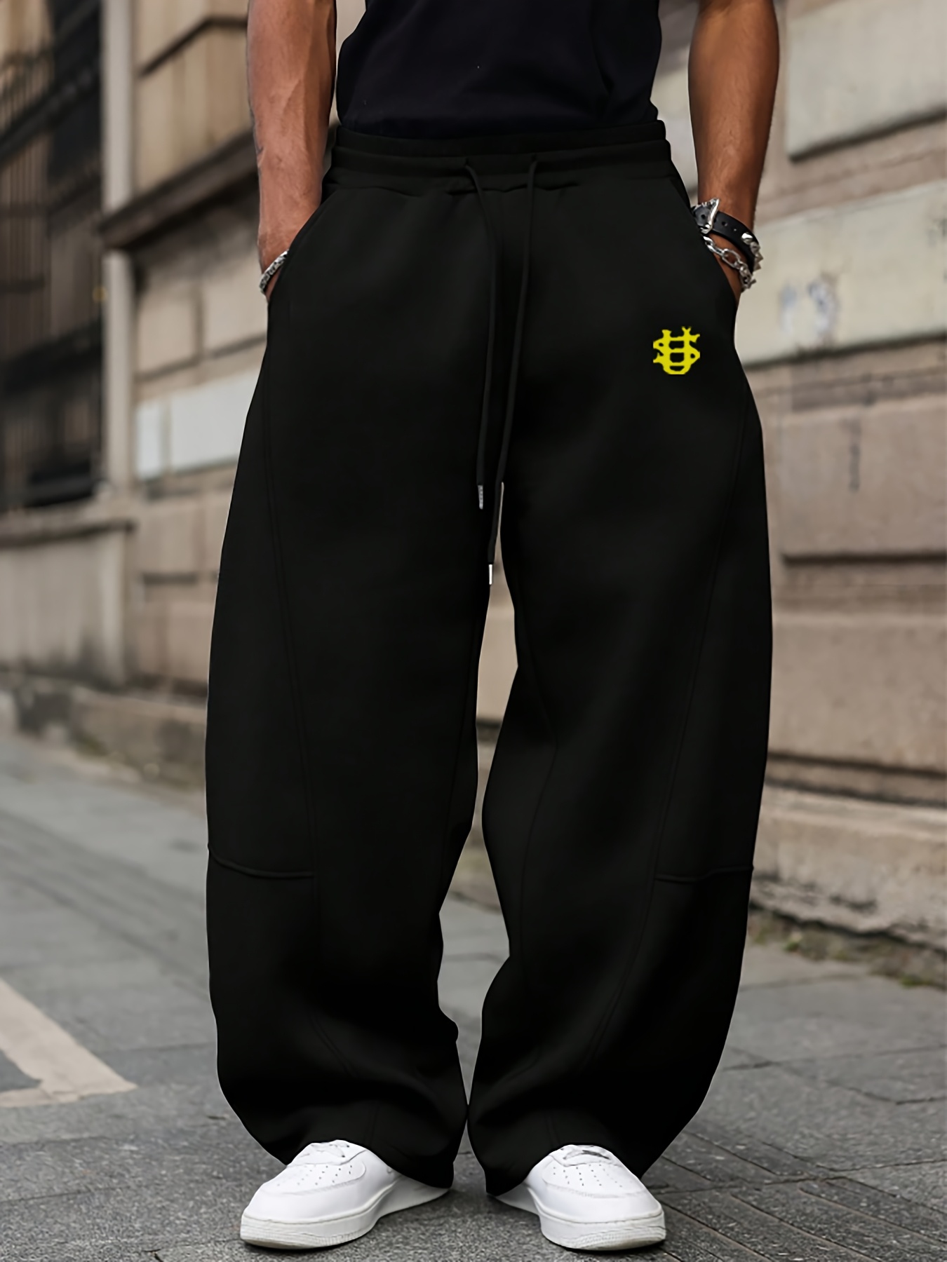 *'S Wide-Leg Sweatpants with Dollar Logo Print Loose Fit Casual Pants,  Side Pocket, Light Grey Fall, Everyday Formal Wear, Casual P