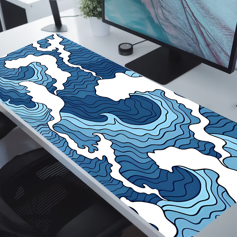

Blue White Ocean Pattern Gaming Gaming Mouse Pad, 2mm Non-slip Rubber Stitched Edge Long Keyboard Gaming Mat, 31.49 X 11.81 Inch, For Gaming, Office And Other Scenes