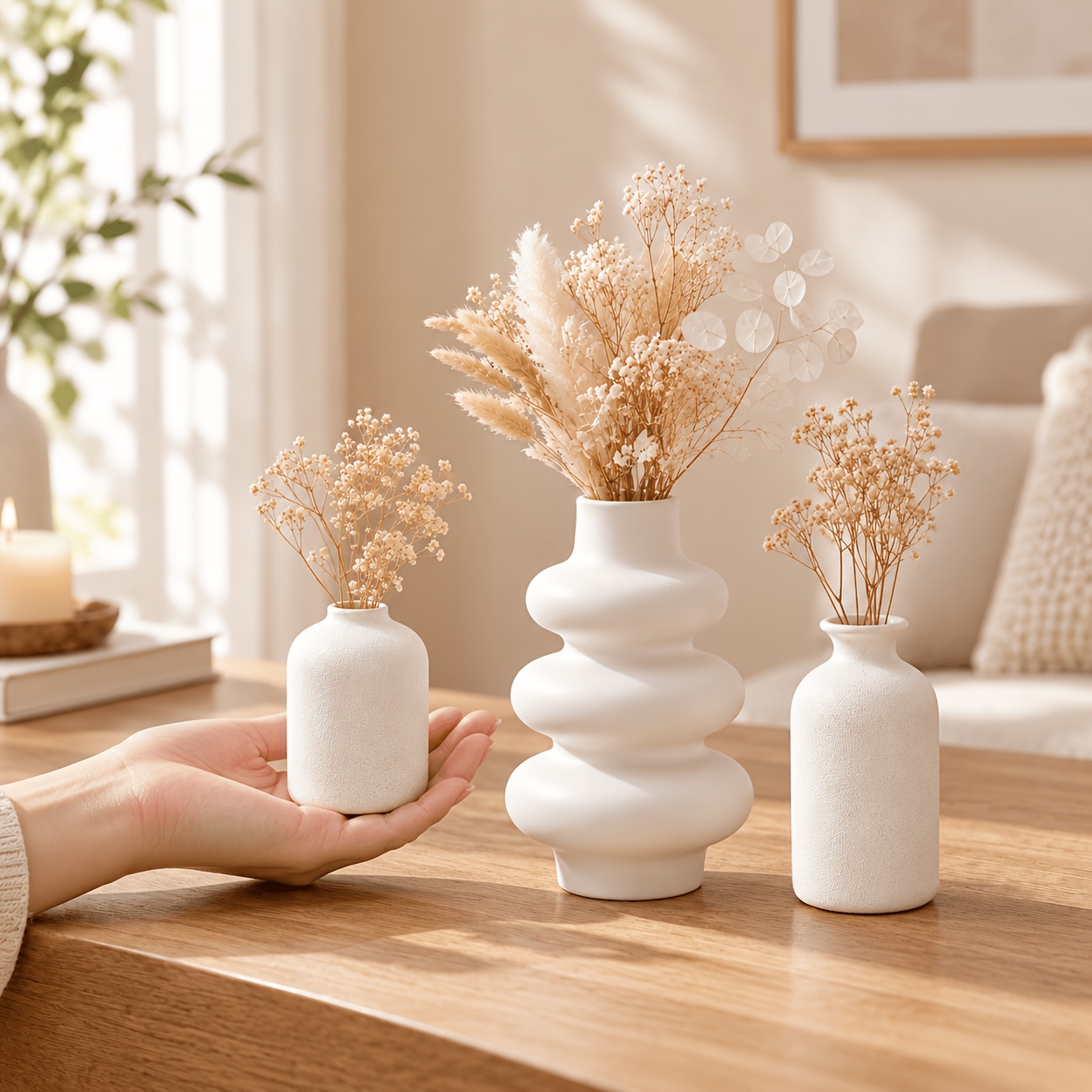 TEMU 3pcs Minimalist Abstract Decorative Vase Set, Modern Bohemian Japanese-style Desktop Centerpiece, Simple Small Dried Pampas Grass Vase, Suitable