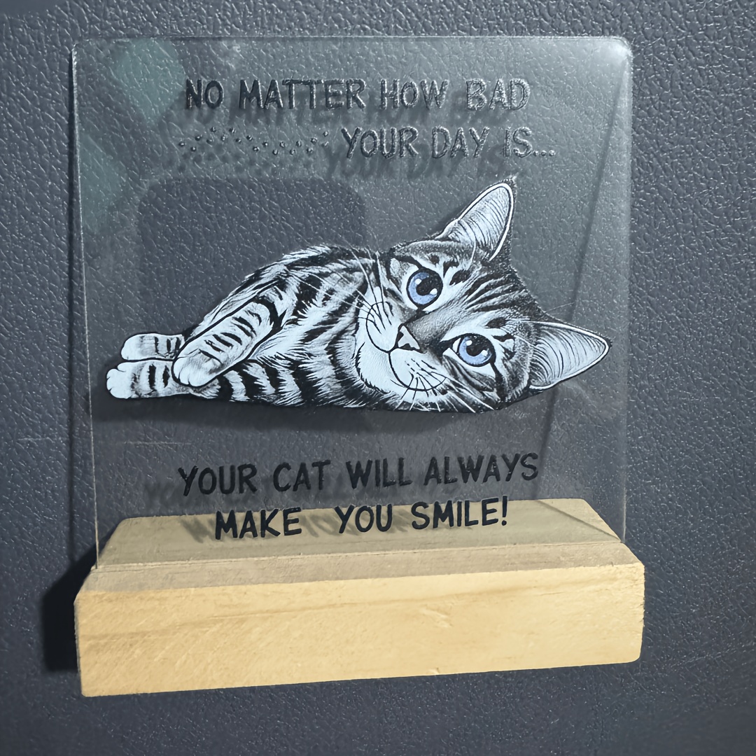 TEMU 2d Flat, 1pc Cat " How Bad, Cat Teasing Laugh" Ornament, Warm And Inspirational Slogan, Acrylic Ornament With Wooden Base, Paperweight, Office