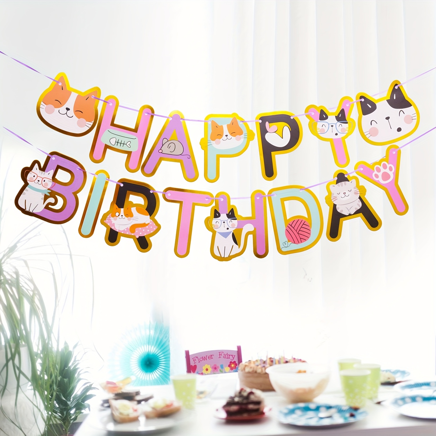 Gold-foiled Cat Birthday Banner Happy Birthday Flag Party Decoration Prop