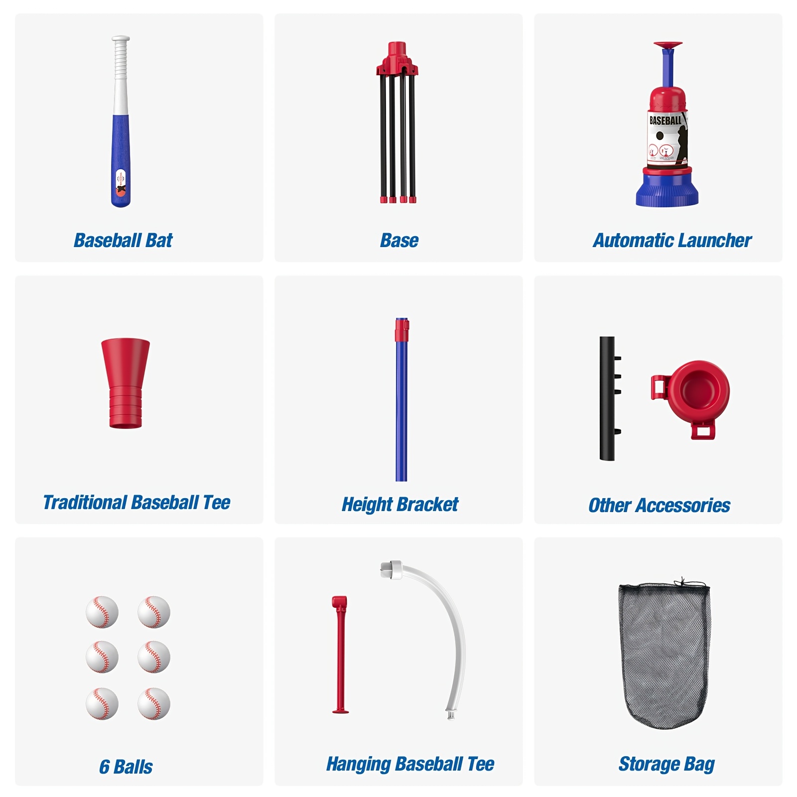TEMU Hyes 3-in-1 Kids Baseball Toy Set, With Hanging Ball Holder/standing /auto Launcher/6 Baseballs, Adjustable Height Baseball Set Indoor Outdoor