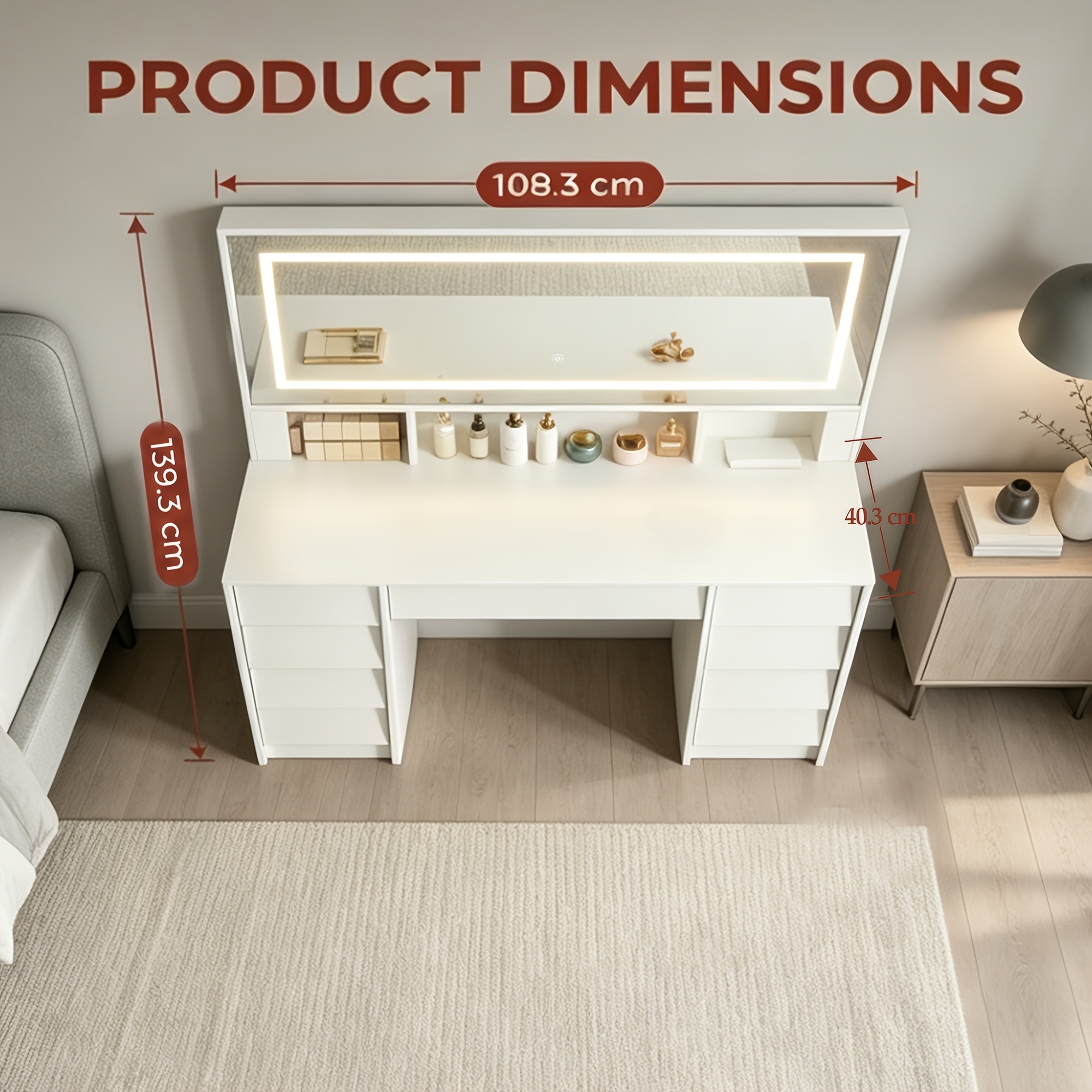 Image of 108.3cm Table With 9 Drawers + 3 Open Storage Spaces, Led , Hidden Three-color Adjustable Light Strip, Integrated Charging Power Strip, Modern Minimalist Bedroom Dressing Table.