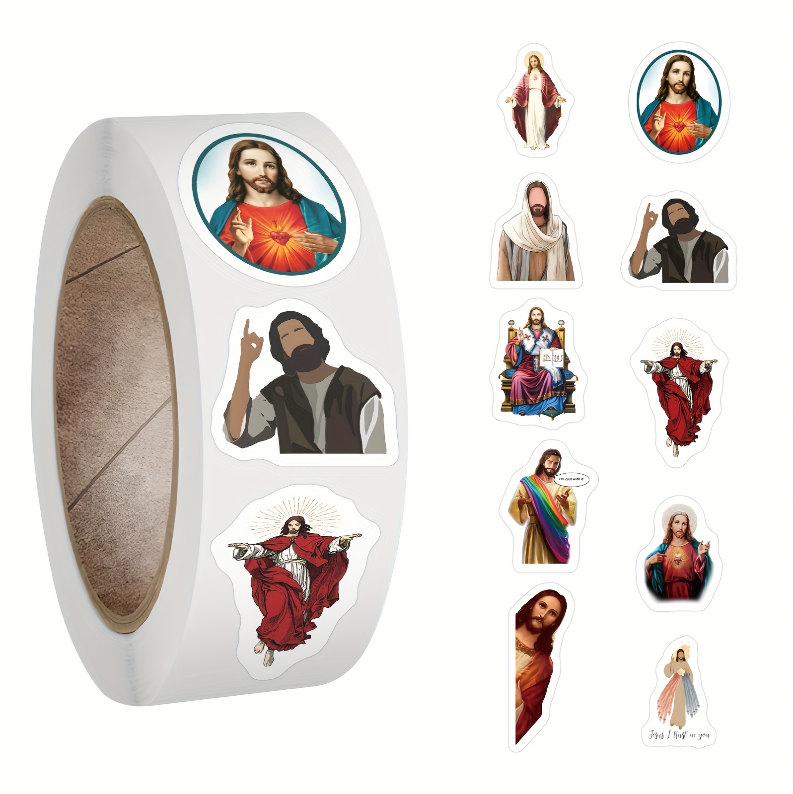 Image of 500pcs Jesus Stickers Roll Vinyl Aesthetics Stickers Scrapbooking, Diary, Bumper, Skateboard, Water Bottle, Cartoon, Hard Hat, Car Stickers