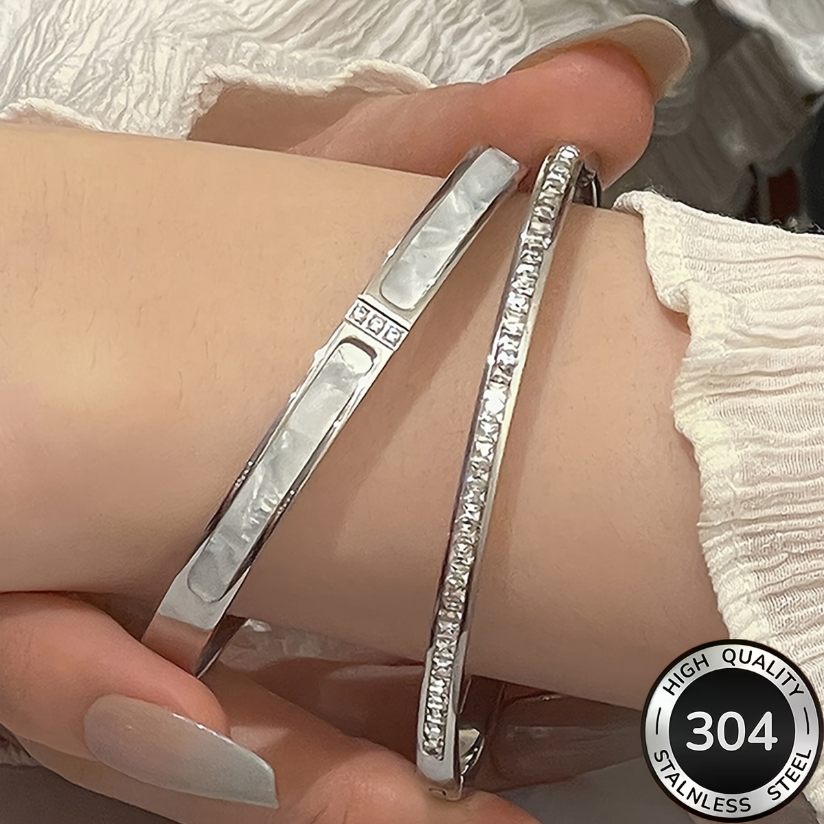 TEMU 2pcs Set Women's Silvery Bracelets, 304 Stainless Steel Stackable Cuff Bracelets, Hypoallergenic Waterproof Fashion Jewelry Gift, Hypoallergenic