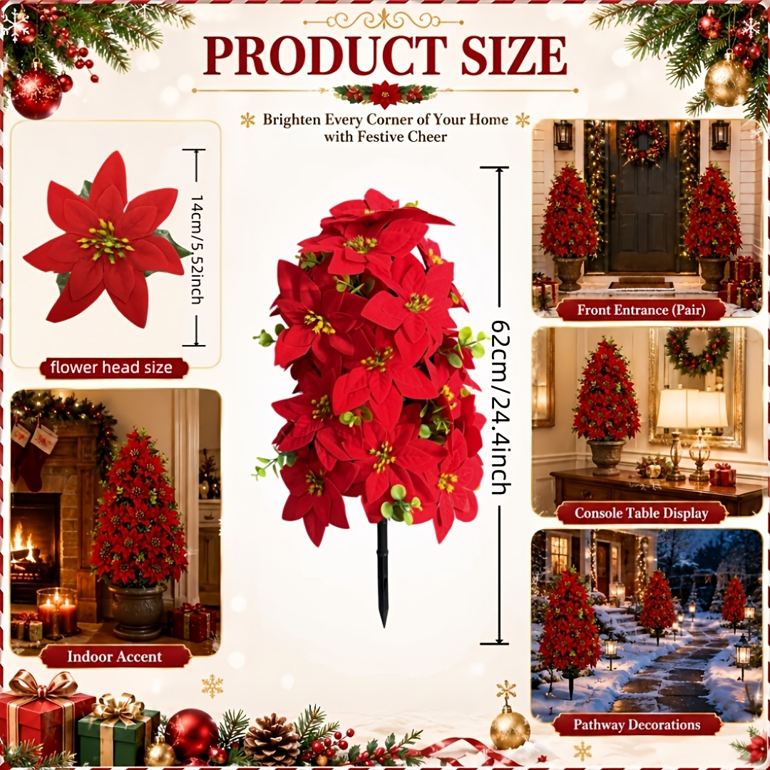TEMU 1pc Arrangement Floral de Noël Artificiel Étoile de Noël Rouge, Décoration Florale de Noël Rouge, Arrangement Floral en Pot pour Cour Extérieure