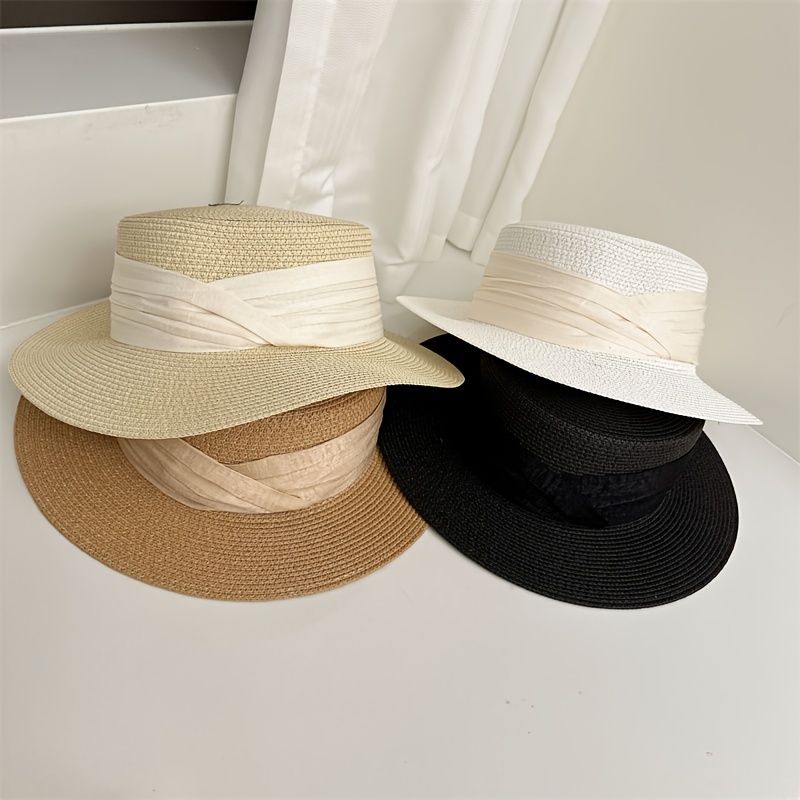 

Elegant Wide Brim Sun Hats For Women, Vintage Style Beach Vacation Panama Hat, Summer Flat Top Straw Hats With Ribbon Detail