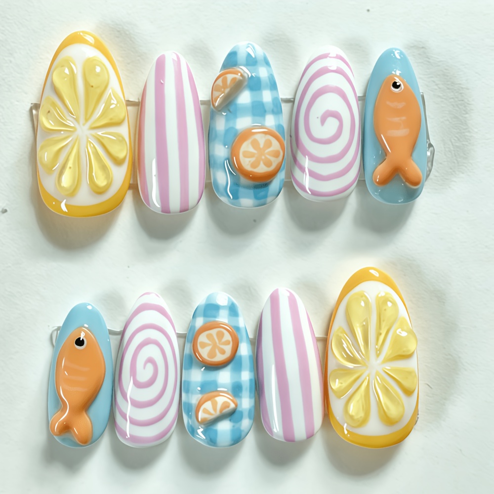 TEMU 30pcs Ocean-themed Press-on Nails Suitable For - Almond Shape Medium Length Fake Nails With 3d Lemon Fish & Sea Designs, Glue-acrylic Removable