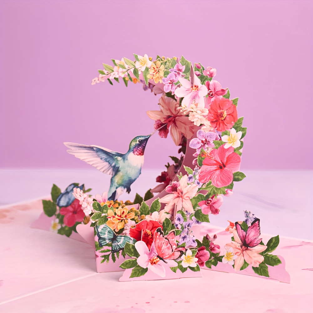Image of 1pc Hummingbird Pop-up Card Invitation Greeting Card - Perfect For Birthdays, Mother's Day, Valentine's Day & More - Unique Paper Flower Bouquet Design For Anyone