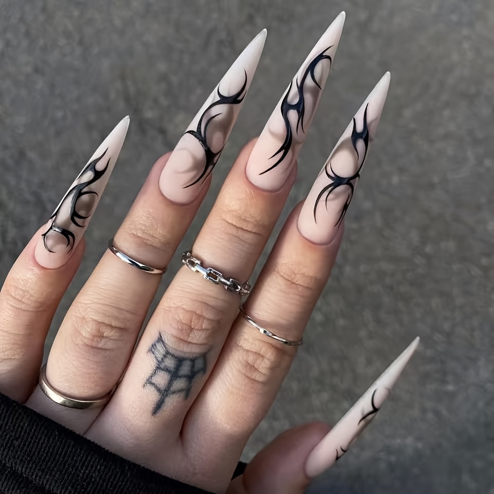 TEMU Cool And , 24pcs Nude-colored Sheer Pointed False Nails, Black Flame Totem Lines Embellished With High-end Nails, Essential Manicure For Daily