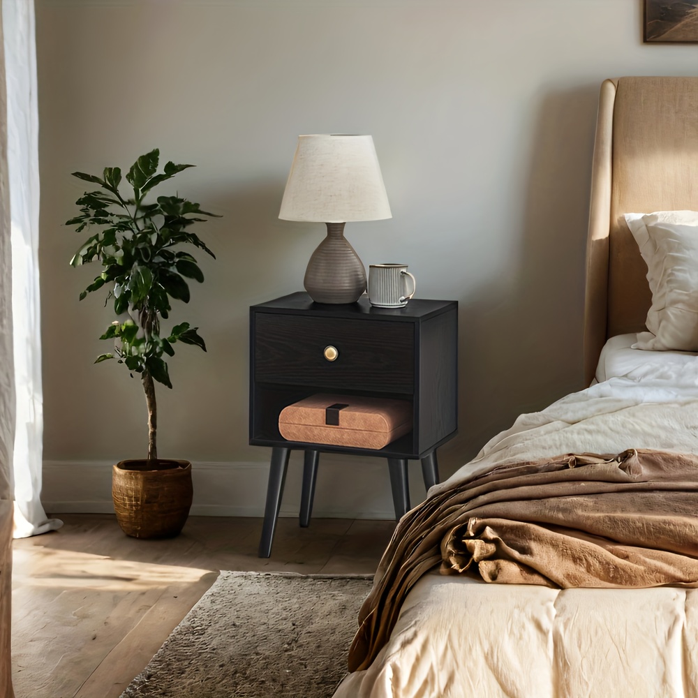E-shop Nachtisch, Beistelltisch mit Schublade und offener Ablage, Holzbeine, Couchtisch, geeignet für Wohnzimmer oder Schlafzimmer, in Schwarz
