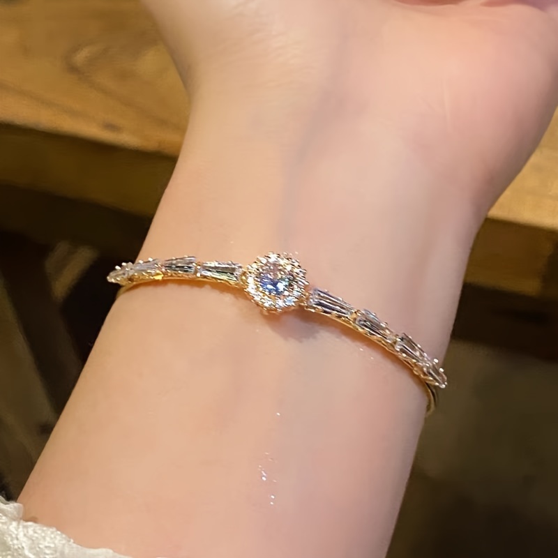 Elegant Women's Bracelet, Luxurious Open Cuff Bangle, Synthetic Cubic Zirconia, 18K Golden Plated Copper
