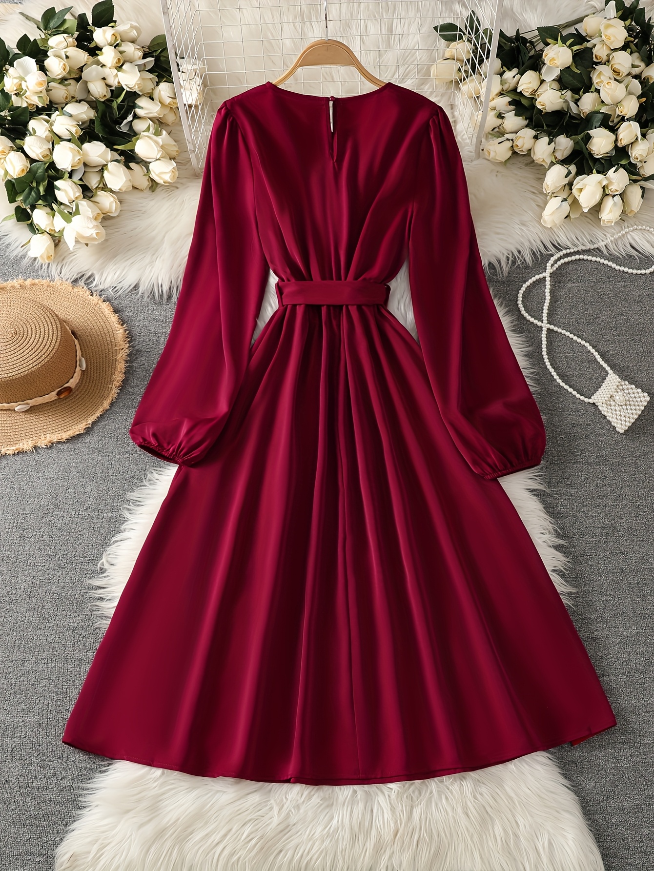 Women's Burgundy A-Line Wedding Guest Dress with Bow Tie Waist & Puff  Sleeve - -Length *-Calf to Hem Long Sleeve Formal Gown, Machine Washable  for Bridesmaid, Prom, Special Occasions (No ...