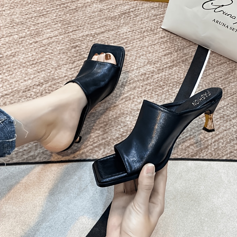 TEMU 광택 있는 스퀘어 토 와이드 스트랩 오픈토 메탈 스틸레토 뮬, 시원하고 엣지있는 통근용 여성 샌들, 다재다능하고 우아한 여성 신발