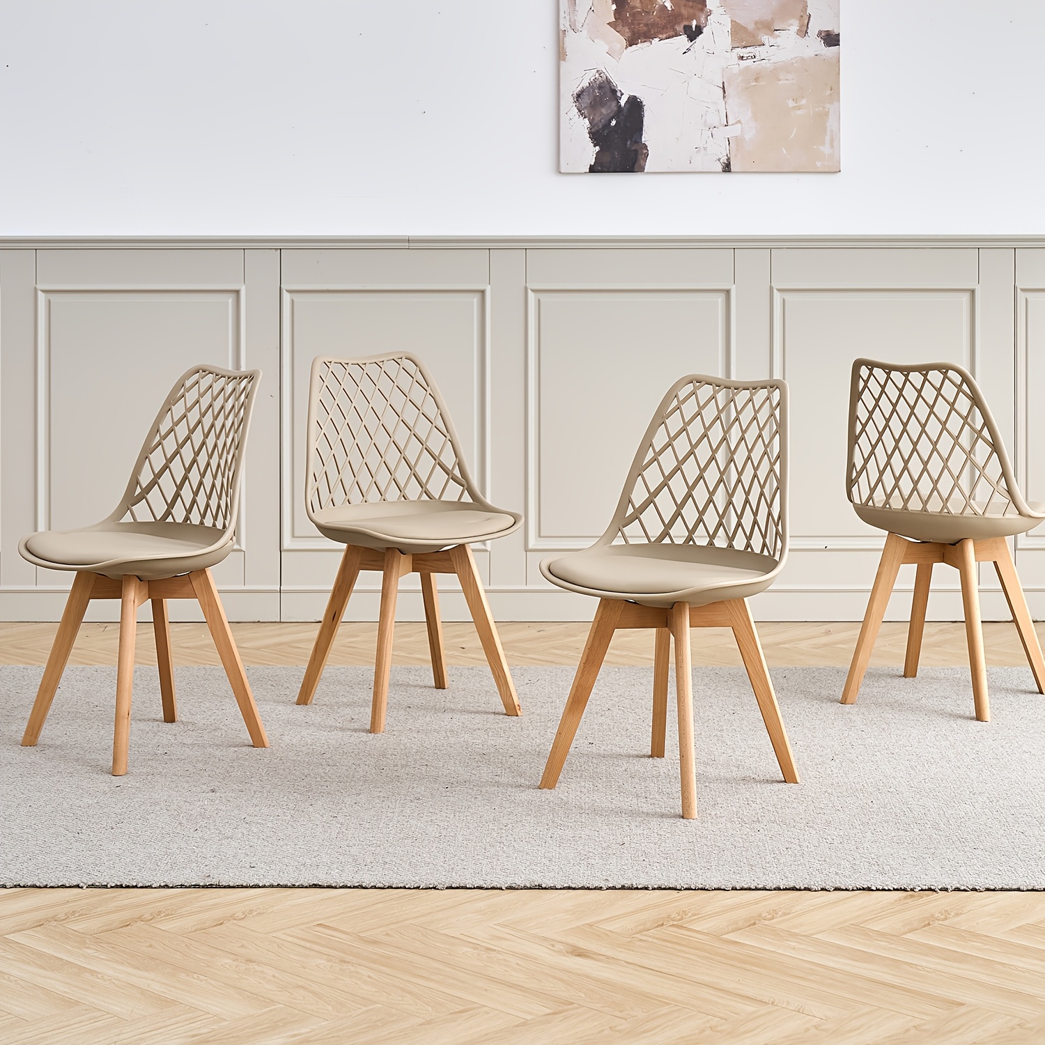 Image of Egoonm A Set Of 4 Modern Dining Chair, Kitchen Chair, Office Chair, Living Room Chair With Wooden Legs, Mesh Backrest With Pu Seat Cushion, Scandinavian Style (white/black/grey/beige)
