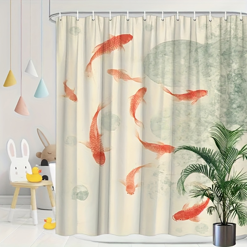 TEMU 1pc Swimming In Water Graphic Print Shower Curtain, Elegant Bathroom Decoration, Including 12 Hooks, Multiple Sizes, Machine Washable, Suitable