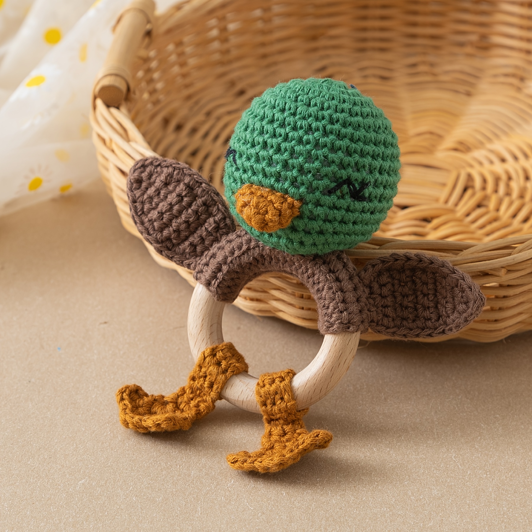 Hand-Woven Green Duck Rattle, Adorable Baby Grasping Toy