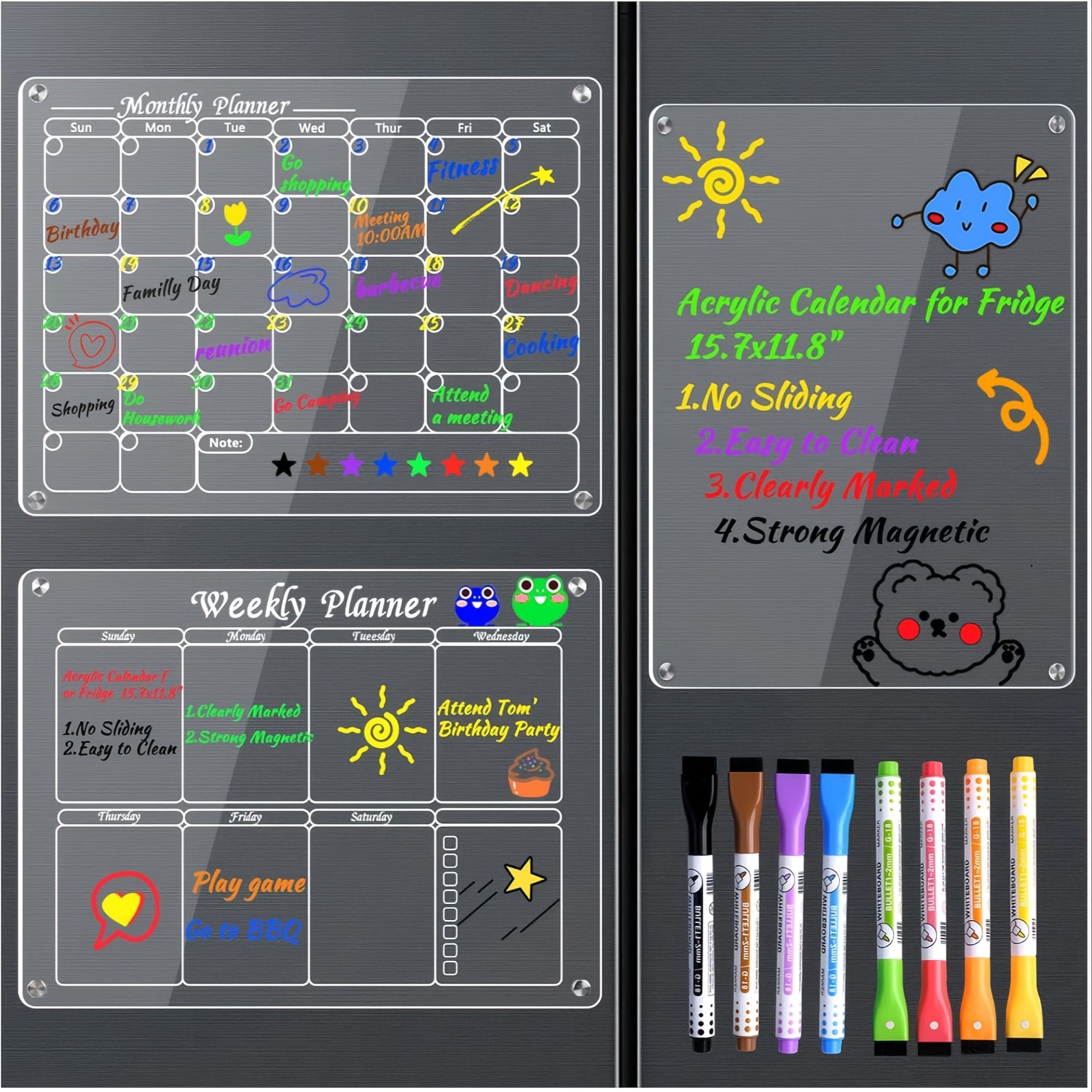 

17x12 Acrylic Magnetic Dry Erase Board - Crystal Clear Fridge Calendar - Monthly Planner With 8 Color Markers For Effortless Organization