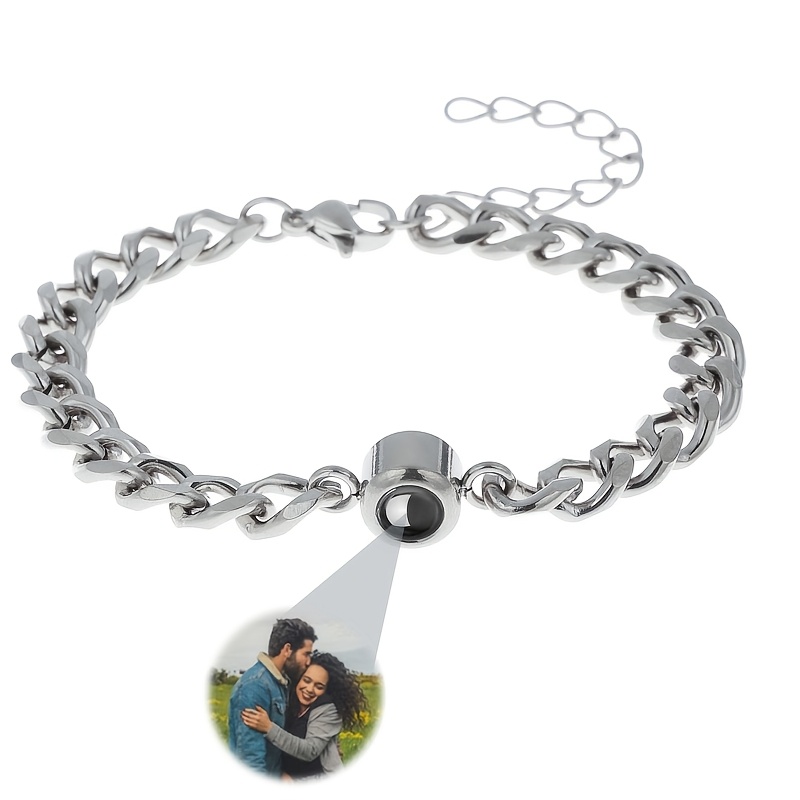 TEMU Custom Minimalist Style Projection Photo Cuban Link Bracelet, 304l Stainless Steel Fashionable Waterproof Durable Accessory, Unisex Jewelry