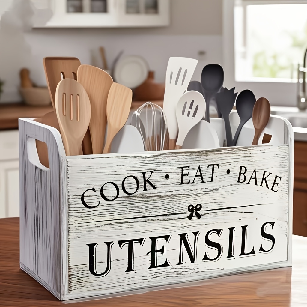 extra large rustic wooden utensil organizer 3 compartment countertop wall mounted storage box for cooking baking tools heavy duty kitchen rack with multi functional   wood