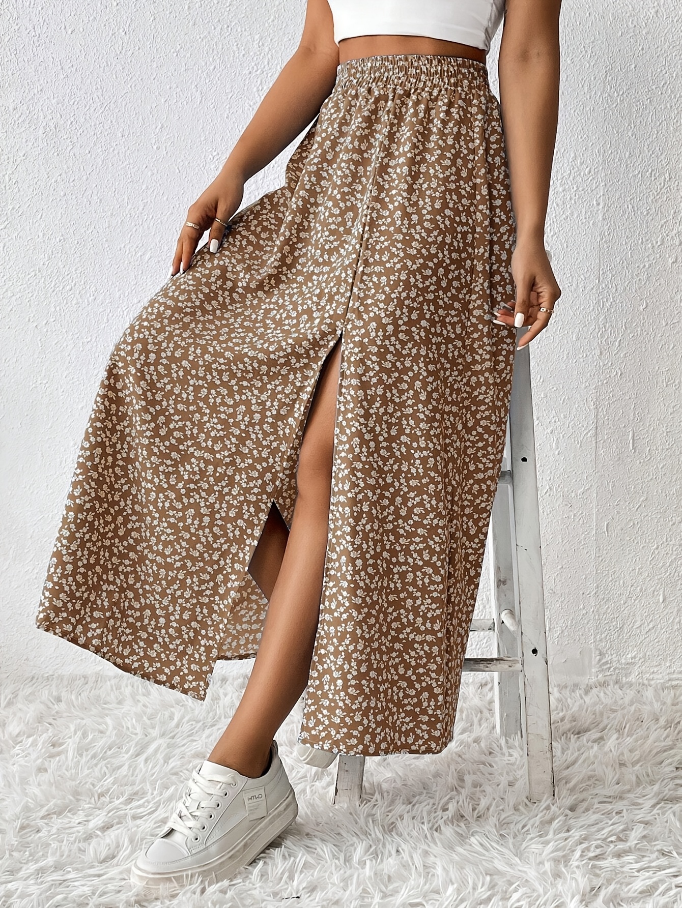 ditsy floral print split hem maxi skirt regular length no Temu