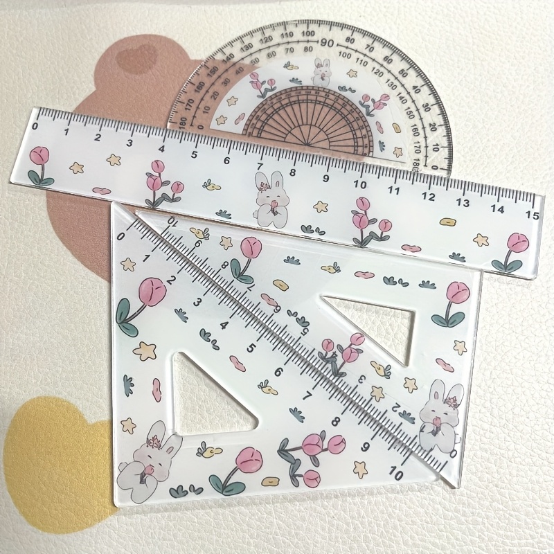 E-shop 4-teiliges transparentes, niedliches Hasen-Tulpen-Muster-Lineal-Set, 1 Set Lineal, Test-Zeichnen 4-teiliges Set Lineal, transparentes Lineal und