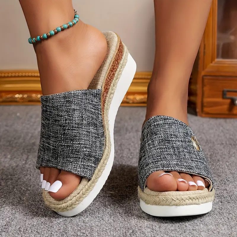 elegant womens beige espadrille wedge sandals casual summer beach platform slides with toe comfortable thick sole pu cover summer sandals details 5