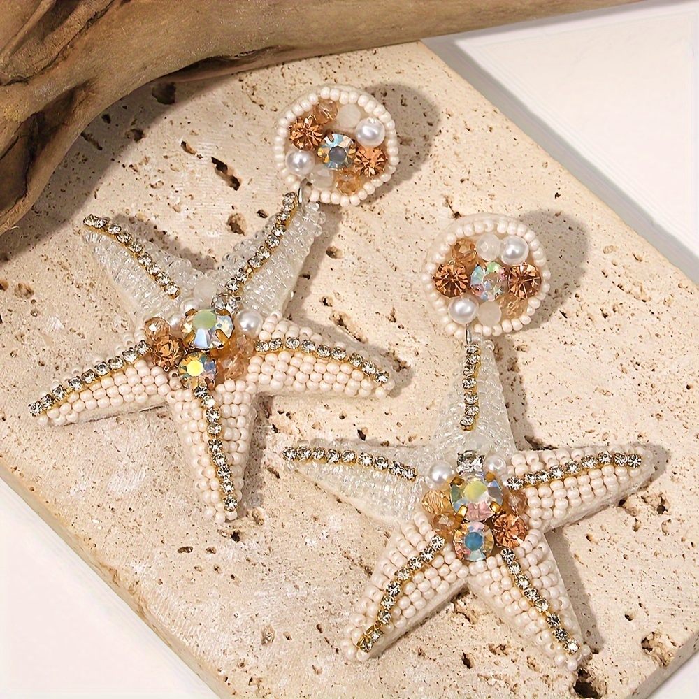 

1 Pair Of Drop Earrings Sparkling Starfish Design Inlaid Rhinestone Daily Outfits Party Accessories Jewelry, Beaded, Bohemian Style